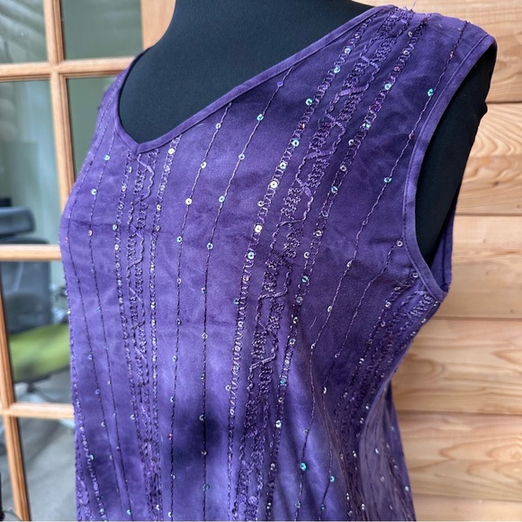 DRESSBARN Purple Summer High Low Sleeveless Sequin Embellished V-Neck Tank Sz L - Picture 5 of 15